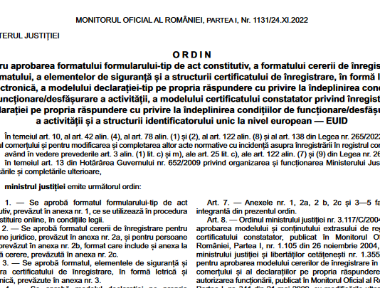 Ordin Min. Justiției nr. 5.307C/2022 – nou format tip de act constitutiv, nou format cerere de înregistrare si certificat de înregistrare la ONRC, etc.