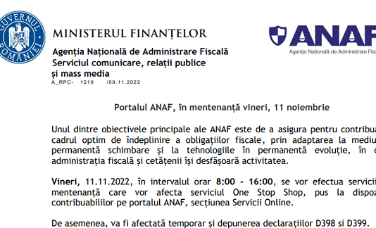 ATENȚIE – portalul ANAF se va afla în mentenanță vineri, 11 noiembrie 2022