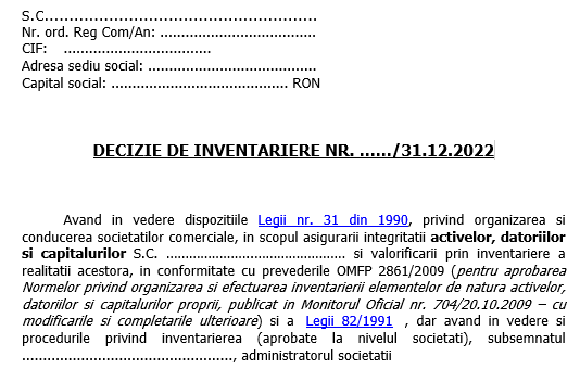 Decizie numire comisie pentru realizarea inventarierii anuale la 31.12.2022 – model actualizat, editabil și gratuit
