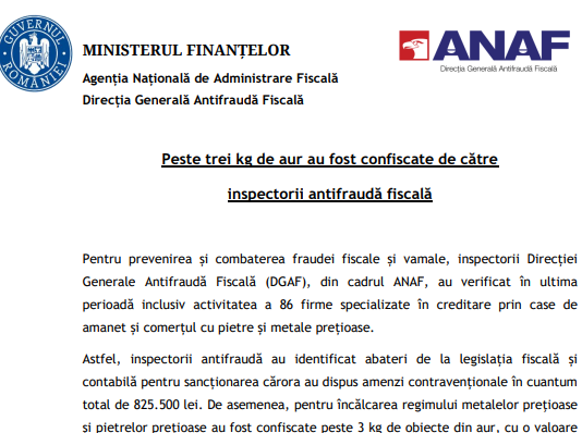 NEWS – peste 3 kg de aur au fost confiscate de către inspectorii DGAF (case amanet, comerț pietre și metale prețioase)