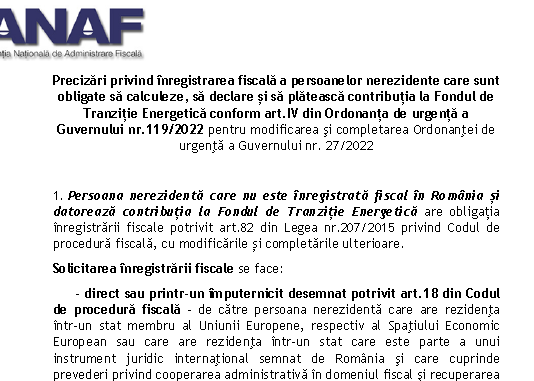 ANAF – înregistrarea fiscală a persoanelor nerezidente care sunt obligate să calculeze, să declare și să plătească contribuția la Fondul de Tranziție Energetică