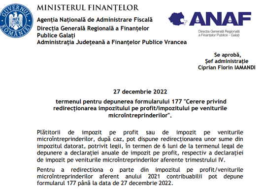 ANAF – 27 decembrie 2022 – termenul pentru depunerea formularului 177 „Cerere privind redirecționarea impozitului pe profit/impozitului pe veniturile microîntreprinderilor”