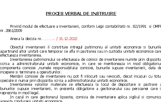 Proces-Verbal de instruire (model editabil) – pentru membrii comisiei de inventariere anuală, la 31.12.2022