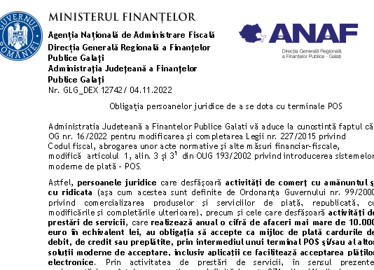 ANAF (oficial) – obligația persoanelor juridice de a se dota cu terminale POS (noutăți începând cu 01.01.2023)