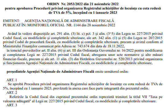 OPANAF nr. 2053/2022 – registrul achizițiilor de locuințe (info oficial ANAF si text integral)