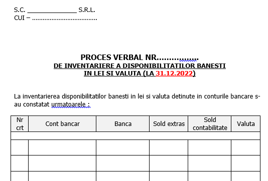 Model „Proces-Verbal inventariere disponibilități bănești (lei și valută)” – inventariere anuală bancă la 31.12.2022
