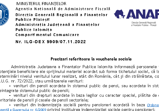 ANAF (oficial, noiembrie 2022) – precizări referitoare la voucherele sociale
