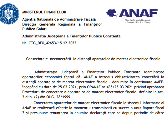 ANAF (oficial) – consecințele neconectării la distanță aparatelor de marcat electronice fiscale