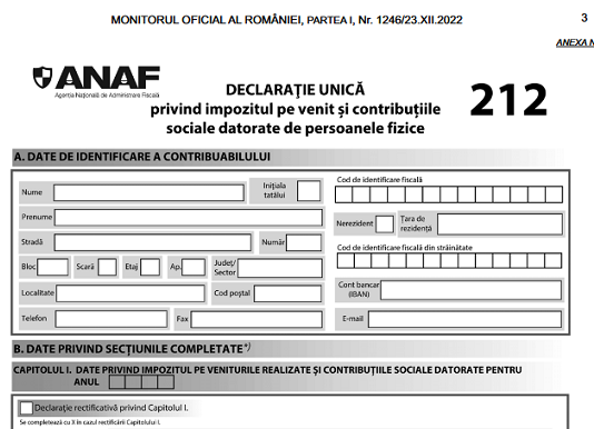OPANAF nr. 2541/2022 – aprobarea modelului, conținutului, modalității de depunere și de gestionare a D 212 (Declarația Unică 2023)