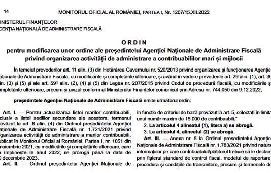 OPANAF nr. 2518/2022 – modificări administrarea contribuabililor mari și mijlocii (obligația de depunere/raportare a D406/fișierului SAF-T)