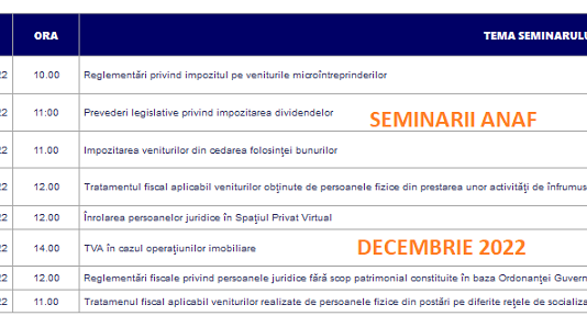 Lista SEMINARIILOR WEB ANAF – ce se vor desfășura in luna DECEMBRIE a anului 2022 (impozitare dividende, TVA în cazul operațiunilor imobiliare, etc.)