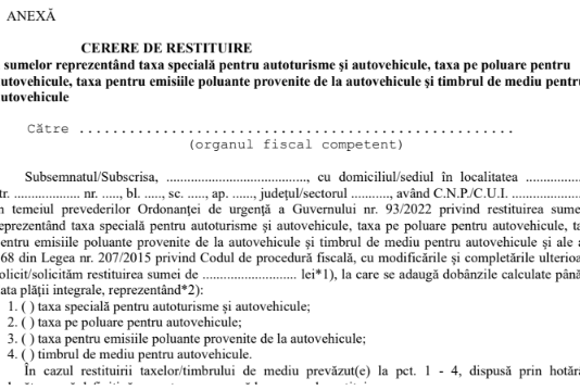 OMF nr. 4079/2022 – model nou cerere de restituire a taxei auto (info oficial si text)