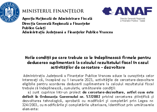ANAF – noile condiții pentru deducerea suplimentară la calculul rezultatului fiscal, în cazul activităților de cercetare-dezvoltare