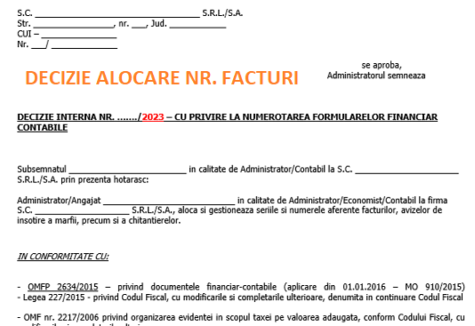 Decizie internă facturi, chitanțe, avize, etc. (pentru alocare serie și număr în 2023) – document necesar de întocmit la început de an (model actualizat)
