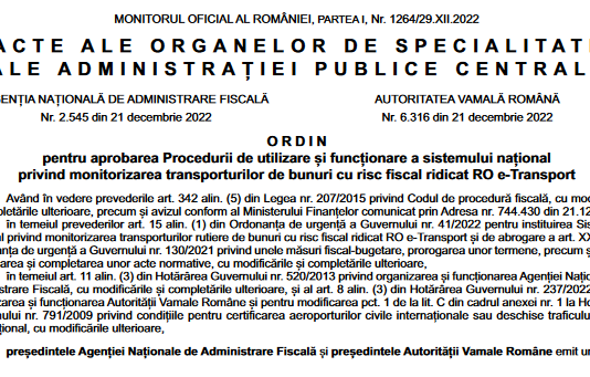 OPANAF nr. 2545/2022 – aprobarea unei noi proceduri de utilizare și funcționare a RO e-Transport