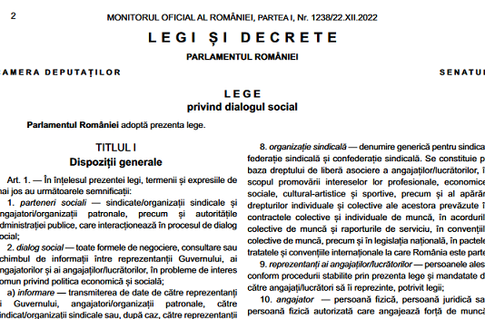 Legea nr. 367/2022 – privind dialogul social (NOU)