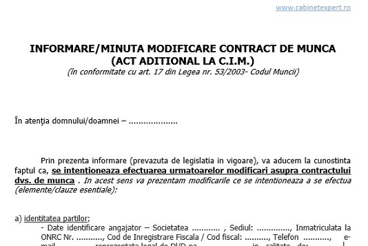 Minuta informare prealabilă, întocmită cu ocazia unui Act Adițional la CIM – model 2022 (gratuit, editabil, orientativ)