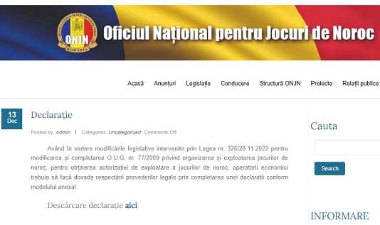 ONJN (oficial) – model declarație in conformitate cu modificările aduse de Legea nr. 326/2022