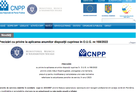 CNPP – precizări cu privire la aplicarea anumitor dispoziții cuprinse în O.U.G. nr. 168/2022 (actualizarea pensiilor de serviciu 2023)