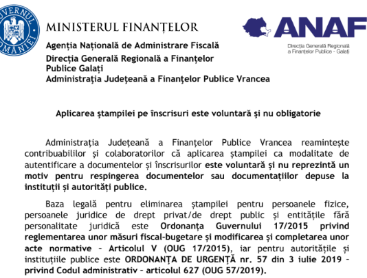 ANAF (oficial) – aplicarea ştampilei pe înscrisuri este voluntară şi nu obligatorie