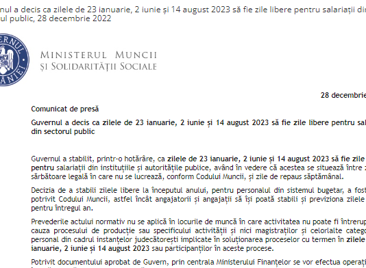 NEWS – Guvernul a decis ca zilele de 23 ianuarie 2023, 02 iunie 2023 și 14 august 2023 să fie zile libere pentru salariații din sectorul public