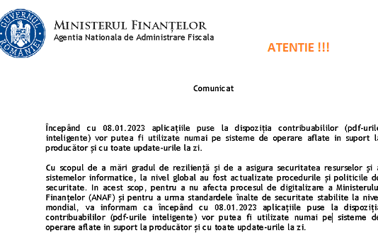 ATENȚIE – pdf-urile inteligente ANAF vor putea fi utilizate numai pe sisteme de operare aflate in suport la producător și cu toate update-urile la zi