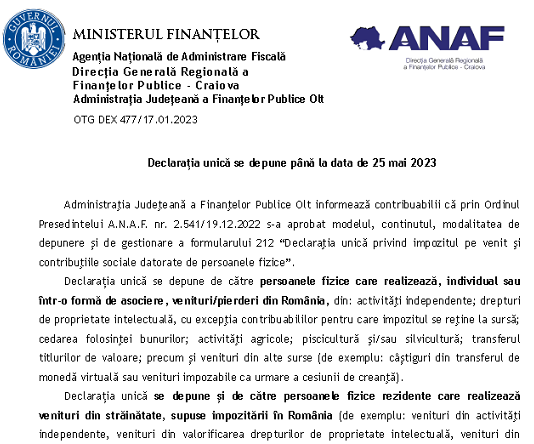 ANAF (oficial) – Declarația Unică se depune până la data de 25 mai 2023