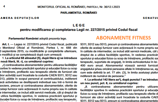 Legea nr. 34/2023 – modificare și completare Codul Fiscal (facilități angajați pentru abonamente sala fitness)