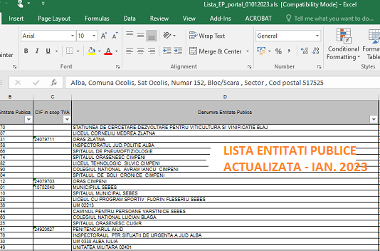 Lista entităților publice (actualizata la 01.01.2023) – fișier necesar pentru RO e-Factura (in relația B2G)
