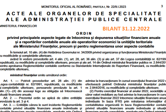 OMF nr. 4268/2022 – întocmirea și depunerea situațiilor financiare anuale și a raportărilor contabile anuale (bilanț 31.12.2022)