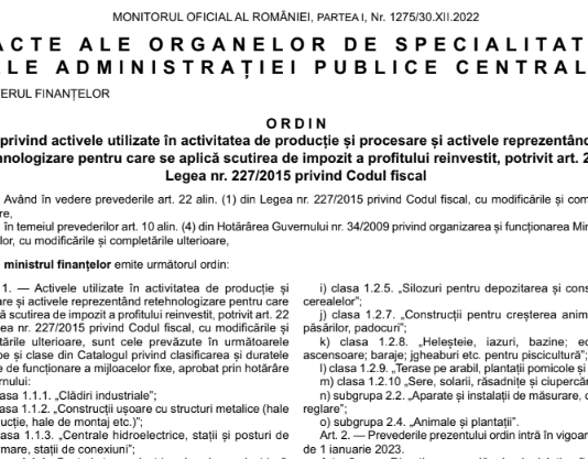 OMF nr. 4636/2022 – listă active scutire impozit pe profit (info oficial si text integral)