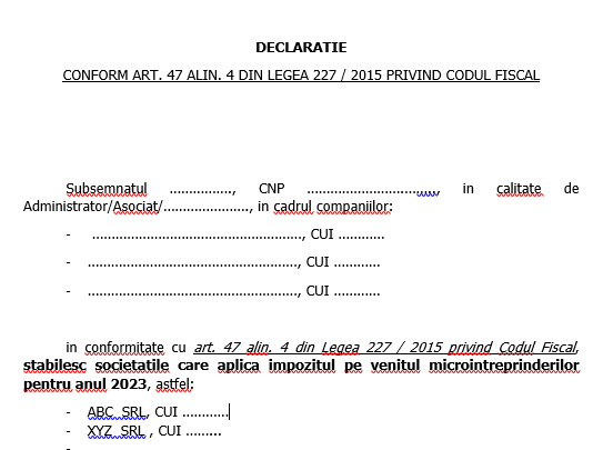 Declarație pentru societățile care au asociați cu peste 25% in mai mult de 3 societăți si trebuie sa decidă care aplica impozit micro pe anul 2023 – model