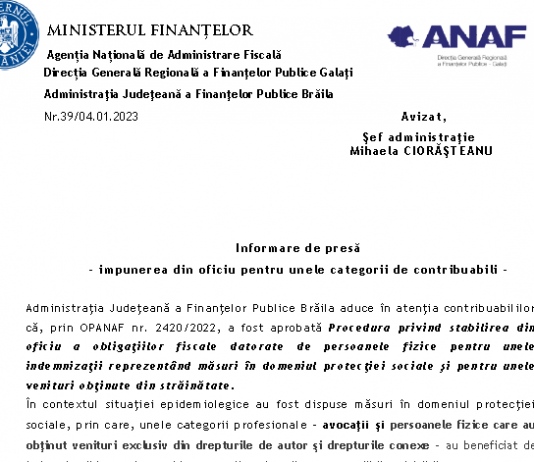 ANAF (oficial 2023) – impunerea din oficiu pentru unele categorii de contribuabili (avocați, persoane fizice cu venituri din drepturile de autor)