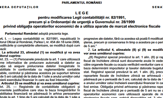 Legea nr. 36/2022 – modificarea Legii contabilității nr. 82/1991 (păstrare documente 5 ani) si modificare OUG nr. 28/1999 (case marcat)
