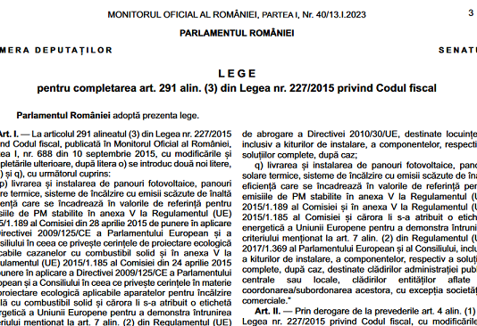 Legea nr. 39/2023 – completarea art. 291 alin. (3) din Codul Fiscal (TVA redus pentru panouri fotovoltaice, panouri solare termice, sisteme de încălzire de înaltă eficiență)