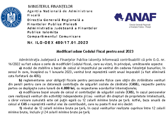 ANAF (oficial) – modificari aduse Codului Fiscal pentru anul 2023