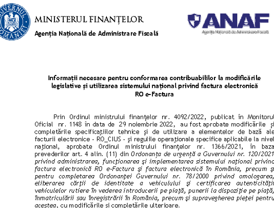 ANAF – informații modificări la sistemul RO e-Factura, valabile după 01.01.2023 (CIUS-RO:1.0.1)