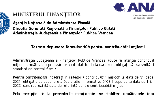 ANAF (oficial 2023) – termen depunere Formular 406 pentru contribuabilii mijlocii