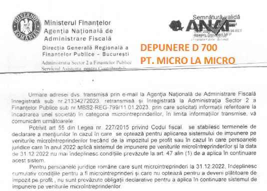 ANAF (oficial) – nu este necesar a se depune D 700 pentru a evidenția rămânerea la micro, după 01.01.2023