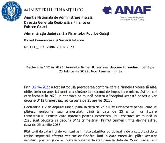 ANAF – Declaratia 112 in 2023: anumite firme NU vor mai depune formularul până pe 25 februarie 2023. Noul termen limită!