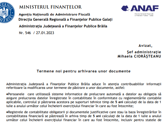 ANAF (oficial 2023) – termene noi pentru arhivarea unor documente