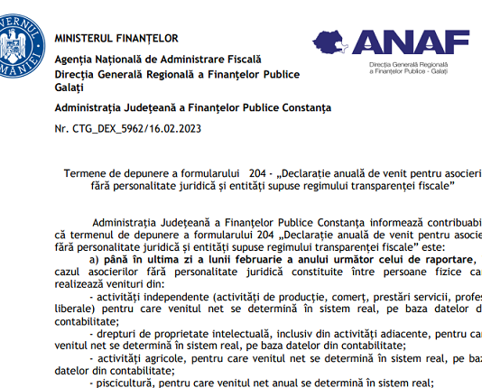 Termene de depunere a formularului 204 – „Declarație anuală de venit pentru asocieri fără personalitate juridică și entități supuse regimului transparenței fiscale” (2023)