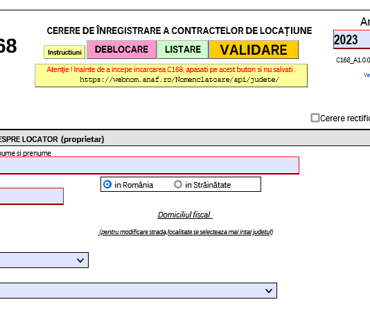 Cerere de înregistrare a contractelor de locațiune (C 168) – ANAF a actualizat recent PDF-ul inteligent necesar generării formularului in 2023