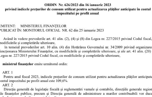 OMF nr. 626/2023 – indicele prețurilor de consum pentru anul 2023 (plăți anticipate în contul impozitului pe profit anual)