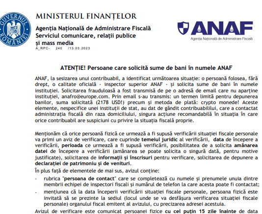 ATENȚIE! – persoane care solicită sume de bani în numele ANAF (martie 2023)