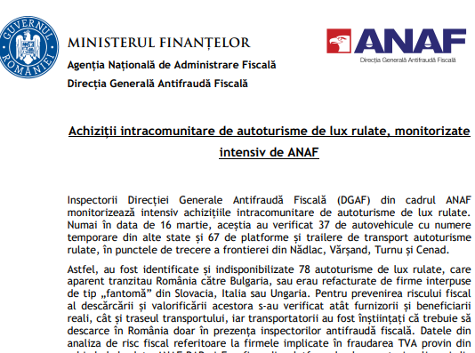 NEWS – achizițiile intracomunitare de autoturisme de lux rulate, monitorizate intensiv de ANAF