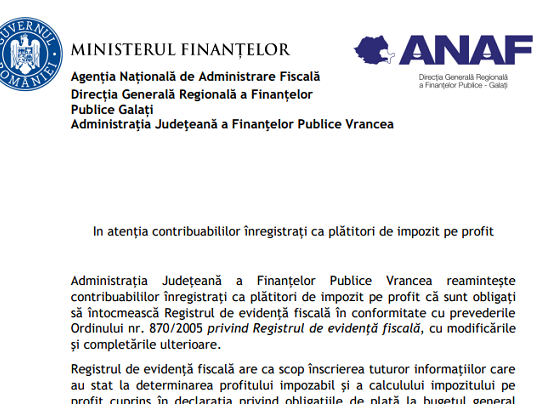 ANAF – registrul de evidență fiscală se eliberează contra cost de unitățile fiscale din raza teritorială în care contribuabilul își are declarat domiciliul fiscal