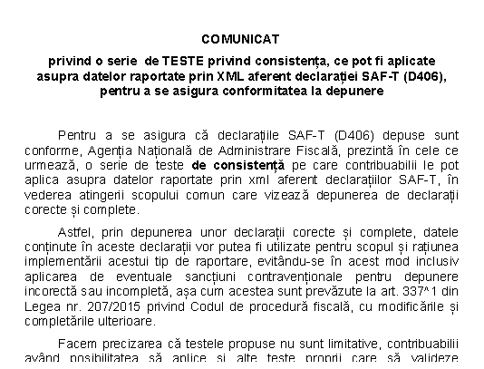 TESTE privind consistența, ce pot fi aplicate asupra datelor raportate prin XML aferent declarației SAF-T (D406) – pentru conformitatea depunerii