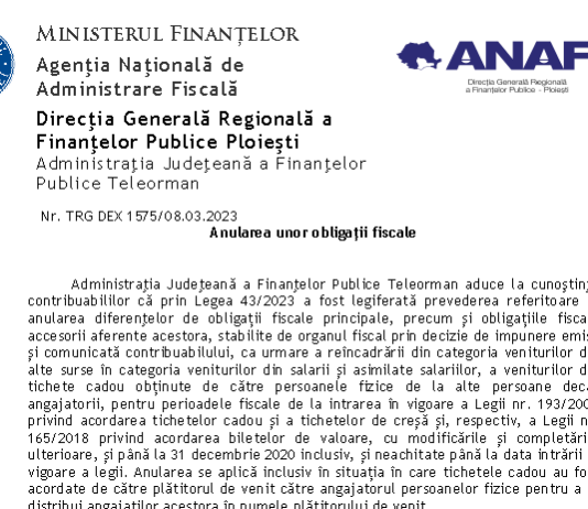 ANAF – anularea diferențelor de obligații fiscale principale, precum și obligațiile fiscale accesorii aferente acestora (2023)
