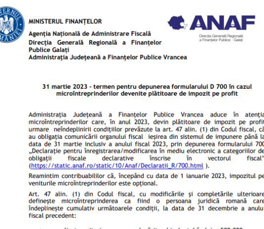 ANAF – 31 martie 2023, termen pentru depunerea formularului D 700 în cazul microîntreprinderilor devenite plătitoare de impozit pe profit